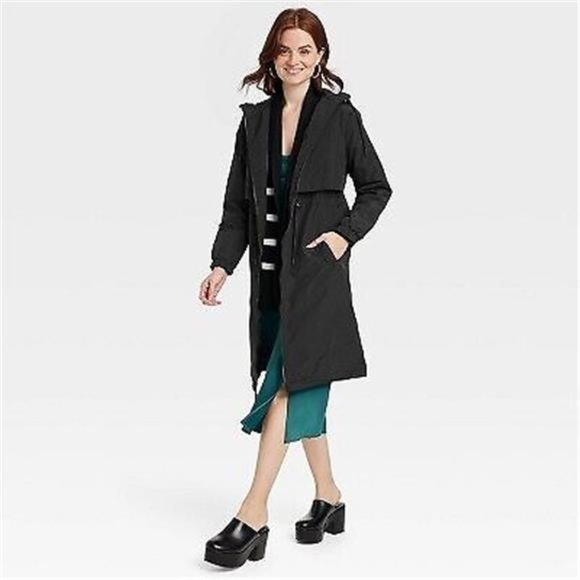 Women's Relaxed Fit Trench Rain Coat - A New Day Black Medium , Fall outfit - Picture 3 of 3